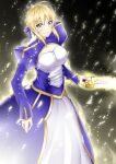  1girl ahoge artoria_pendragon_(all) blonde_hair blue_ribbon breasts cleavage_cutout clothing_cutout excalibur_(fate/stay_night) fate/grand_order fate/stay_night fate_(series) green_eyes hair_bun hair_ribbon holding holding_weapon juliet_sleeves long_sleeves medium_breasts puffy_sleeves ribbon saber saijoukuroha solo sword weapon 