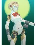  1girl :o aegis_(persona) android bangs blonde_hair blue_eyes bow bowtie breasts cowboy_shot green_background hair_between_eyes hairband highres joints medium_breasts mirlo2hu parted_lips persona persona_3 ribbon robot_joints short_hair solo standing 