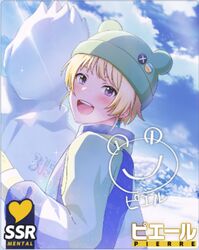  blonde_hair blush character_name dress idolmaster_side-m_glowing_stars pierre_(idolmaster) short_hair smile violet_eyes winter 