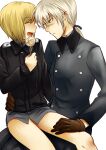  2girls bai_lao_shu black_jacket blonde_hair blush brown_gloves buttons closed_eyes double-breasted erica_hartmann fork gloves grey_hair grey_jacket grey_shirt hand_on_another&#039;s_thigh hand_on_another&#039;s_waist hanna_rudel highres jacket low_ponytail multiple_girls ponytail potato scar scar_on_face scar_on_nose shirt sitting sitting_on_lap sitting_on_person smile strike_witches uniform white_background world_witches_series 