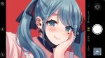  1girl aqua_eyes aqua_hair bangs blush ear_piercing earrings hachikawa_mitsu hand_on_own_face hatsune_miku heart highres jewelry long_hair looking_at_viewer mask mouth_mask piercing selfie simple_background smile solo twintails vocaloid 
