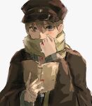  1boy absurdres black_headwear blush book brown_hair brown_scarf coat covered_mouth hand_up hat highres holding holding_book kumagai_yuka long_sleeves looking_at_viewer male_focus scarf shima_tamahiko sketch solo taisho_otome_otogibanashi uniform upper_body white_background 