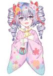  1girl :d bangs blue_flower bow bronya_zaychik doll drill_hair flower grey_eyes grey_hair hair_between_eyes hair_bow hair_flower hair_ornament highres holding homu_(honkai_impact) honkai_(series) honkai_impact_3rd japanese_clothes kimono long_sleeves looking_at_viewer open_mouth pink_flower pink_kimono simple_background smile solo twin_drills twintails white_background wu_wang yellow_flower 