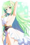  1girl anastigal_elmar_engel_berglund arm_behind_head arm_up armpits ass breasts bridal_gauntlets bunny1219 dress elf from_side green_eyes green_hair hand_to_own_mouth highres iris_mysteria! long_hair looking_at_viewer pointy_ears sideboob sleeveless sleeveless_dress smile solo thigh-highs thighs very_long_hair white_dress white_legwear 