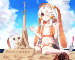  1girl animal_ears bandaged_arm bandages beach blue_sky blush clouds commentary_request day earrings eyepatch hair_between_eyes hair_ornament hood jewelry looking_at_viewer outdoors rabbit_ears red_eyes ruby_(tower_of_fantasy) sand sarasa_(kanbi) sky smile solo stuffed_toy swimsuit tower_of_fantasy white_hair 