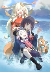  >_< 3girls absurdres animal_ears black_boots black_choker black_hair blonde_hair blue_kimono blue_nails boots chibi_yachiyo cho_kaguya-hime! choker clothing_cutout colored_extremities commentary crescent crescent_hair_ornament drycatfoodmeow egasumi fox_ears fox_girl fox_tail green_eyes hair_ornament hair_rings hair_stick heart heart_in_mouth highres inudoge japanese_clothes jealous kaguya_(cho_kaguya-hime!) kimono multiple_girls nail_polish open_mouth purple_nails rabbit_ears rabbit_girl red_kimono sakayori_iroha shide short_hair short_twintails shoulder_cutout tail twintails white_hair 