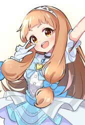  1girl :d akane_(akane112234) arm_up blue_bow blue_bowtie blunt_bangs blush bow bowtie brooch brown_hair commentary cowboy_shot dot_nose dress gloves hairband hand_up heart heart_brooch highres ichihara_nina idolmaster idolmaster_cinderella_girls jewelry long_hair looking_at_viewer open_mouth short_sleeves simple_background smile solo untranslatable_commentary w white_background white_dress white_gloves white_hairband yellow_eyes 