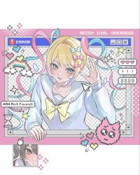  2girls :d ame-chan_(needy_girl_overdose) blonde_hair blue_eyes blue_hair blue_sailor_collar blush bow chest_bow chouzetsusaikawa_tenshi-chan colored_tips commentary_request copyright_name cursor dual_persona error_message fake_transparency grin hair_bow hand_up highres hourglass mini_wings multicolored_hair multiple_girls multiple_hair_bows needy_girl_overdose pink_hair quad_tails sailor_collar sidelocks smile spoken_emoji wa_serin waving white_wings window_(computing) wings 