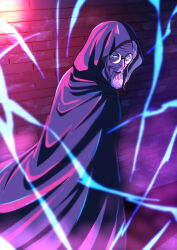  1boy beard brick_wall cloak commentary_request energy facial_hair glasses highres hood hood_up hooded_cloak looking_at_viewer male_focus musasabiop old old_man one_piece outdoors parted_lips round_eyewear shadow silvers_rayleigh white_hair 
