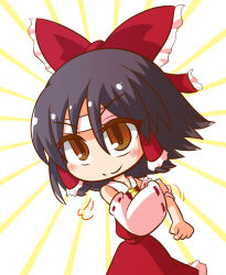  >:) 1girl ascot black_hair blush bow brown_eyes closed_mouth commentary_request cowboy_shot deformed detached_sleeves frilled_bow frilled_hair_tubes frilled_skirt frills hair_between_eyes hair_bow hair_tubes hakurei_reimu headband kajiya_no_masa long_sleeves motion_lines one-hour_drawing_challenge puff_of_air red_bow red_shirt red_skirt ribbon-trimmed_sleeves ribbon_trim rolling_sleeves_up shirt short_hair sidelocks skirt skirt_set sleeves_rolled_up smile solo standing sunburst sunburst_background touhou v-shaped_eyebrows white_background white_headband yellow_ascot 