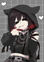  1girl absurdres animal_ear_hood argyle_clothes argyle_skirt arm_at_side bare_shoulders belt belt_buckle black_belt black_choker black_eyes black_hair black_hoodie black_skirt bob_cut buckle chinese_commentary choker closed_eyes clothing_cutout colored_inner_hair commentary cropped_hoodie empty_eyes eyeliner finger_to_mouth grey_background grey_outline grid_background hair_between_eyes hand_up head_tilt heart highres hood hood_up hoodie lipstick long_sleeves looking_at_viewer makeup midriff monogatari_(series) multicolored_hair narrowed_eyes oshino_ougi outline pale_skin red_eyeliner red_hair red_lips short_hair shoulder_cutout sketch skirt smile solo tsugumi_(tgm_615486) upper_body v 