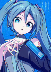  1girl absurdres blue_background blue_eyes blue_hair blue_screen_of_death commentary detached_sleeves english_commentary hatsune_miku headset highres long_hair long_sleeves looking_at_viewer own_hands_together solo twintails upper_body vocaloid vs0mr 
