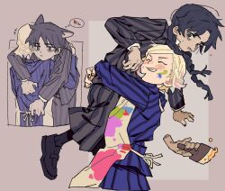  animal_ears apron bags_under_eyes black_dress black_hair black_nails black_shirt black_shoes black_socks blonde_hair blue_dress blue_shirt blush braid carrying carrying_person cat_ears closed_eyes clothes_grab cowboy_shot dress enid_sinclair expressionless full_body giggling grin half_up_braid highres holding holding_paintbrush hug laughing lifting_person long_dress long_hair multicolored_hair multicolored_nails multiple_girls nail_polish nevermore_academy_school_uniform on_shoulder paint paint_on_clothes paint_splatter paint_splatter_on_face paintbrush person_on_shoulder school_uniform serious shirt shoes short_dress short_hair simple_background smile socks speech_bubble striped_clothes sweat the_addams_family thing_(the_addams_family) thought_bubble twin_braids wednesday_(netflix) wednesday_addams white_apron worried yang_miemie_benti 