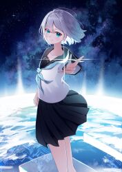  1girl absurdres aqua_neckerchief black_skirt blue_eyes blue_pupils blue_sailor_collar closed_mouth commentary_request feet_out_of_frame floating_clothes floating_hair from_side grey_hair highres kaga_sumire koohii_mikan long_sleeves looking_at_viewer looking_to_the_side miniskirt neckerchief parted_bangs planet pleated_skirt reaching reaching_towards_viewer sailor_collar school_uniform serafuku shirt short_hair skirt smile solo standing star_(sky) straight_hair turning_head virtual_youtuber vspo! white_shirt 