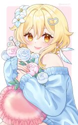  1girl absurdres bare_shoulders beads blonde_hair blue_flower blue_rose blue_sweater blush closed_mouth flower genshin_impact hair_flower hair_ornament highres long_hair long_sleeves lumine_(genshin_impact) narurin21 off_shoulder pink_flower pink_rose rose smile solo sweater yellow_eyes 