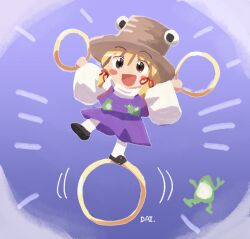  1girl :d animal_print black_shoes blonde_hair blush_stickers brown_eyes brown_hat chibi chibi_only commentary_request frog frog_print full_body hair_between_eyes hat long_sleeves moriya's_iron_rings moriya_suwako no_lineart open_mouth outstretched_arms pantyhose print_skirt print_vest purple_background purple_skirt purple_vest rokugou_daisuke shirt shoes short_hair signature skirt skirt_set smile solo spread_arms standing standing_on_one_leg touhou vest white_pantyhose white_shirt wide_sleeves 