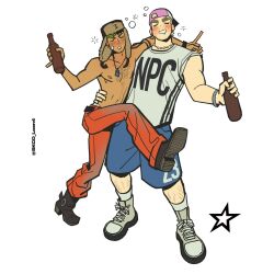  2boys alcohol arm_on_another's_shoulder arm_over_shoulder arm_tattoo backwards_hat bandaid bandaid_on_cheek bandaid_on_face baseball_cap black_boots black_hair black_shoes blonde_hair blue_shorts blush boots bottle bracelet closed_eyes commentary drooling drunk earrings english_commentary face_piercing green_hair grey_shoes hand_on_another's_waist hat highres holding holding_bottle jewelry leg_hair male_focus mouth_drool multicolored_hair multiple_boys muscular_arms navel necklace nipples nose_piercing nose_ring orange_pants original pants pectorals pendant piercing pink_hat shirt shoes shorts simple_background skcd_loen sleeves_rolled_up socks star_(symbol) striped_blush tattoo thick_eyebrows topless_male twitter_username two-tone_hair ushanka white_background white_shirt white_socks 