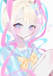  1girl absurdres blonde_hair blue_eyes blue_hair blue_sailor_collar blush bow chest_bow chouzetsusaikawa_tenshi-chan colored_tips hair_bow highres hugging_own_legs knee_up looking_at_viewer moontulpa multicolored_hair multiple_hair_bows needy_girl_overdose pink_hair quad_tails sailor_collar sidelocks solo 