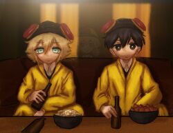  2boys basil_(faraway)_(omori) basil_(omori) beer_bottle black_eyes black_hair blonde_hair blue_eyes bottle bowl breaking_bad bright_pupils closed_mouth collared_shirt commentary double-parted_bangs fivefuckss hair_between_eyes holding holding_bottle looking_at_viewer male_focus multiple_boys omori shirt short_hair sidelocks sitting sunny_(omori) white_pupils 