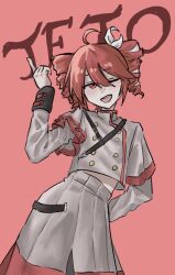  1girl character_name commentary contrapposto cowboy_shot drill_hair grey_shirt grey_skirt hand_up highres index_finger_raised kasane_teto kasane_teto_(sv) long_sleeves looking_at_viewer one_eye_closed open_mouth red_background red_eyes red_hair shinodrawart shirt short_hair simple_background skirt solo synthesizer_v teeth twin_drills upper_teeth_only 