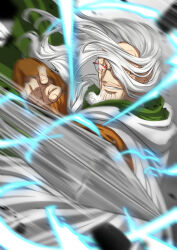  1boy beard cape commentary_request energy facial_hair glasses hair_over_one_eye highres holding holding_sword holding_weapon long_hair looking_at_viewer male_focus motion_blur musasabiop old old_man one_piece orange_shirt red_eyes round_eyewear scar scar_across_eye scar_on_face shirt silvers_rayleigh solo swinging_weapon sword weapon white_cape 