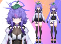  1girl body_markings breasts eggplant eggplant_emoji fingerless_gloves full_body gloves hair_between_eyes hair_over_eyes halo highres indie_virtual_youtuber jacket kyoushim leaf leaf_on_head medium_breasts medium_hair messy_hair multicolored_hair official_art orange_eyes pink_hair purple_hair purple_halo reference_sheet sachiihappy see-through_cleavage see-through_clothes shorts sidelocks smile streaked_hair thigh-highs thigh_strap thighs virtual_youtuber white_jacket 