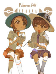  1boy 1girl :d absurdres braid breast_pocket brown_eyes brown_hair closed_mouth collared_shirt commentary_request copyright_name florian_(pokemon) game_boy game_link_cable handheld_game_console hat highres holding invisible_chair juliana_(pokemon) knees naranja_academy_school_uniform necktie open_mouth orange_necktie orange_shorts pocket pokemon pokemon_day pokemon_scarlet_and_violet purple_necktie purple_shorts school_uniform shirt shoes short_hair shorts simple_background sitting smile socks tyaui_(xjju4435) uva_academy_school_uniform white_background white_shirt white_socks 
