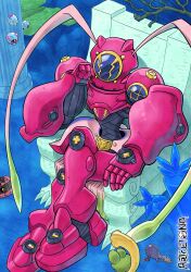  1girl absurdres amphimon armor artcetona character_request commentary digimon digimon_(creature) english_commentary full_body helmet highres otamamon pink_armor pink_helmet shakomon sitting solo_focus underwater 