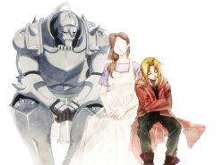  2boys absurdres alphonse_elric amestris_military_uniform armor automail blonde_hair brothers coat edward_elric full_armor fullmetal_alchemist highres male_focus mechanical_arms military_uniform mother_and_child mother_and_son multiple_boys parent_and_child prosthesis prosthetic_arm red_coat siblings single_mechanical_arm youritai 