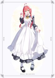  1girl :d ahoge apron black_dress black_shoes border braid character_name clothes_lift collar collared_dress commentary diamond-shaped_earrings double-parted_bangs dress enmaided frilled_apron frills full_body green_eyes hair_between_eyes hand_up highres idios inset_border lace-trimmed_apron lace_trim long_dress long_hair long_sleeves looking_at_viewer maid maid_apron maid_headdress mary_janes neck_ribbon nijisanji open_mouth orange_hair ornate_border puffy_long_sleeves puffy_sleeves ribbon shishido_akari shoes single_claw_pose skirt skirt_lift smile socks solo standing twin_braids virtual_youtuber white_collar white_socks yellow_ribbon yuki_hare1130 