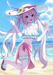  1girl beach bikini bird blue_sky bow clouds day flip-flops flower food franky7702 frilled_shorts frills garter_straps hair_ornament hair_ribbon hat hat_ornament highres holding holding_food holding_popsicle horizon indie_virtual_youtuber kano_mahoro long_hair looking_at_viewer ocean off-shoulder_bikini off_shoulder open_mouth pink_bow pink_hair pink_sarong popsicle red_eyes ribbon sand sandals sarong shorts simple_background sky smile solo sun_hat sunflower sunlight swimsuit thigh_strap twintails v water white_bikini white_hat white_ribbon 