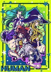  4girls apron ascot black_hat blonde_hair blue_dress bow braid brown_hair commentary_request detached_sleeves dress english_text frilled_bow frilled_dress frilled_hair_tubes frilled_hat frilled_skirt frills green_background green_bow green_hair grey_hair hair_bow hair_ornament hair_tubes hakurei_reimu hat hat_bow highres izayoi_sakuya kirisame_marisa kochiya_sanae long_hair looking_at_viewer maid maid_headdress multiple_girls one_eye_closed open_mouth profile purple_skirt red_bow red_skirt ribbon-trimmed_sleeves ribbon_trim side_braid single_braid single_hair_tube sitting skirt skirt_set smile snake_hair_ornament touhou tsumutsumugi twin_braids waist_apron wariza wide_sleeves witch_hat yellow_ascot 