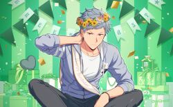  1boy asch_albright balloon black_pants confetti flower flower_wreath gift green_background grey_hair happy_birthday head_wreath heart_balloon helios_rising_heroes highres hood hoodie jacket looking_at_viewer male_focus official_art orange_eyes pants sash shirt sitting solo string_of_flags white_shirt 