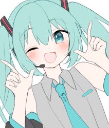 1girl :d aqua_eyes aqua_hair aqua_necktie blush collared_shirt commentary_request detached_sleeves double-parted_bangs grey_shirt hair_between_eyes hands_up hatsune_miku headphones headset long_hair looking_at_viewer mani_(manidrawings) necktie one_eye_closed shirt sidelocks simple_background sketch sleeveless sleeveless_shirt smile solo twintails upper_body vocaloid white_background 