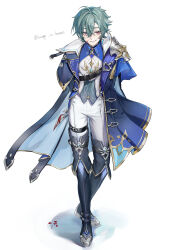  1boy absurdres ahoge armor arms_behind_back artist_name black_boots black_choker black_coat blood blood_drip blood_on_face blood_on_weapon blue_cape blue_coat blue_shirt blue_vest boots buttons cape choker closed_mouth coat collared_shirt crossed_bangs dagger dripping earrings genshin_impact gold_trim grey_hair hair_between_eyes hair_intakes highres holding holding_behind_back holding_dagger holding_knife holding_weapon holding_weapon_behind_back jewelry knife lapels leaning_forward lohen_(genshin_impact) long_sleeves looking_at_viewer male_focus mole mole_under_eye multicolored_eyes open_clothes open_coat pants pauldrons red_eyes shirt short_hair shoulder_armor simple_background single_earring single_pauldron smile smirk solo standing tassel thigh_boots thigh_strap twitter_username unagi_to_kame vest weapon white_background white_pants white_shirt wing_collar 