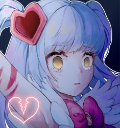  1girl blue_background blue_hair bow bowtie broken_heart chinese_commentary commentary_request crying empty_eyes heart hongcai_rainbow lobotomy_corporation looking_ahead magical_girl open_mouth outline pink_bow pink_bowtie portrait project_moon queen_of_hatred solo streaming_tears tears two_side_up white_outline 