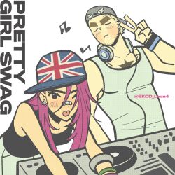  1boy 1girl :3 :p backwards_hat bandaid bandaid_on_face bandaid_on_nose baseball_cap black_tank_top blonde_hair bracelet chest_tattoo closed_eyes collarbone covered_pectorals cross cross_earrings dj earrings english_text eyebrow_piercing face_piercing facial_hair hat headphones headphones_around_neck highres jewelry light_blush musical_note one_eye_closed original pectorals piercing pink_hair shirt simple_background skcd_loen striped_blush stubble tank_top tattoo tattoo_peek thick_eyebrows tight_clothes tight_shirt tongue tongue_out turntable union_jack v violet_eyes white_background white_tank_top 
