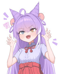  1girl :d ahoge blue_eyes blue_shirt blush bonfe94 brown_eyes collared_shirt commentary_request cone_hair_bun double_bun fang hair_between_eyes hair_bun hair_ornament hands_up heterochromia highres korean_commentary long_hair looking_ahead multicolored_hair open_mouth pom_pom_(clothes) pom_pom_hair_ornament purple_hair red_skirt shirt short_sleeves simple_background skirt smile solo stellive streaked_hair tenko_shibuki translation_request two-tone_hair upper_body virtual_youtuber white_background white_hair white_streaks 