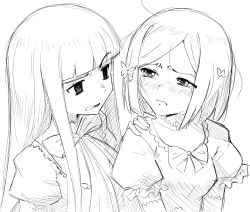  2girls blunt_bangs bow bowtie butterfly_hair_ornament commentary dress english_commentary frederica_bernkastel furrowed_brow graphite_(medium) greyscale hair_ornament hand_on_another's_shoulder highres lambdadelta long_hair messy_hair monochrome multiple_girls open_mouth optaku parted_bangs puffy_short_sleeves puffy_sleeves raised_eyebrow sad short_sleeves simple_background tearing_up traditional_media umineko_no_naku_koro_ni wavy_mouth white_background 