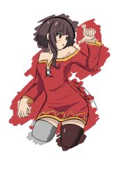  1girl absurdres aburagi arm_at_side artist_name asymmetrical_legwear bare_shoulders black_thighhighs blush breasts brown_hair collarbone commentary cropped_legs dress english_commentary finger_gun grey_thighhighs hair_over_shoulder hands_up highres index_finger_raised kono_subarashii_sekai_ni_shukufuku_wo! looking_afar looking_to_the_side megumin mismatched_legwear off-shoulder_dress off_shoulder one-hour_drawing_challenge parted_lips pointing pointing_up red_dress red_eyes short_dress short_hair short_hair_with_long_locks signature simple_background single_thighhigh sketch small_breasts solo thigh-highs turning_head white_background yellow_trim zettai_ryouiki 