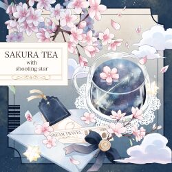  absurdres branch cherry_blossoms clouds commentary_request cup english_text envelope falling_petals flower highres letter mashiro_musashi no_humans original petals pink_flower shooting_star ticket 