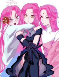  3girls alien_stage asymmetrical_gloves birthday black_dress black_gloves black_thighhighs blue_hair closed_mouth commentary crossed_legs dress elbow_gloves flower forehead_jewel glasses gloves gradient_hair hair_flower hair_ornament half_updo happy_birthday highres long_hair long_sleeves mizi_(alien_stage) multicolored_hair multiple_girls multiple_persona naru_00m open_mouth parted_lips pink_dress pink_hair red_flower round_eyewear short_sleeves single_elbow_glove sitting smile thigh-highs two-tone_dress two-tone_hair uneven_gloves very_long_hair white_dress yellow_eyes 