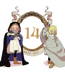  2girls absurdres black_cape black_cloak black_pants blush boots cape cloak clothes_grab coco_(tongari_boushi_no_atelier) cosplay dress full_body green_eyes green_hair grey_cape grin highres hood hooded_cloak multiple_girls pants pink_eyes pink_hair shoes short_hair simple_background smile standing tetia_(tongari_boushi_no_atelier) tongari_boushi_no_atelier vandoesart white_background white_dress 