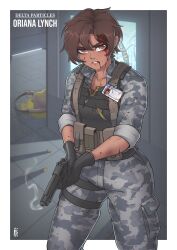  1girl absurdres armor beretta_92 blood blood_on_face blue_pants blue_shirt brown_eyes brown_hair bulletproof_vest camouflage commission cuts dark-skinned_female dark_skin digital_camouflage gun half-life_(series) handgun headcrab highres id_card injury localspaghetto looking_at_viewer original pants shell_casing shirt smoke smoking_barrel solo weapon 