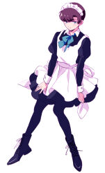  1boy akiyama_enma apron black_dress black_hair black_jack_(series) black_pantyhose boots bow bowtie commentary_request crossdressing crossdressing_(mtf) dress juliet_sleeves long_sleeves looking_at_viewer maid maid_apron maid_headdress male_focus male_maid pantyhose puffy_sleeves rock_(tezuka_osamu) short_hair simple_background sleeve_cuffs solo white_background 