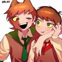 2boys alternate_costume animification antenna_hair arm_around_shoulder blush borrowed_design brown_hair brown_sweater burn_scar colored_sclera commentary edd_(eddsworld) eddsworld english_commentary fangs flipped_hair green_eyes green_necktie hair_ears hin_9652 hogwarts_school_uniform long_sleeves male_focus multiple_boys necktie one_eye_closed open_mouth parody red_eyes red_necktie scar school_uniform shirt short_hair simple_background sweatdrop sweater tord_(eddsworld) uneven_eyes upper_body white_background white_shirt wizarding_world yellow_sclera 