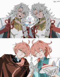  4boys absurdres ahoge artist_name braid brown_cloak cake chaldea_logo chaldea_no_mono cloak closed_eyes closed_mouth facial_mark fate/grand_order fate_(series) food fork fou_(fate) frown gloves highres holding holding_fork holding_plate jewelry long_hair looking_at_another looking_down multiple_boys neck_ring open_mouth parted_lips pink_hair plate ponytail romani_archaman sharp_teeth side_braid sideways_glance sketch smile solomon_(fate) ss_un17 teeth twitter_username upper_body white_gloves yellow_eyes 