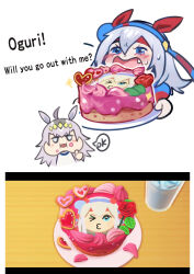 2girls absurdres ahoge animal_ears blue_eyes blue_hairband blue_jacket blush cake chibi commentary ear_covers fang food grey_hair hair_between_eyes hairband headband heart highres holding holding_tray horse_ears horse_girl jacket long_hair long_sleeves multicolored_hairband multiple_girls oguri_cap_(umamusume) old-night one_eye_closed open_mouth puckered_lips red_headband sweat tamamo_cross_(fast_as_lightning)_(umamusume) tamamo_cross_(umamusume) tomodachi_life tomodachi_life:_living_the_dream tray two-tone_hairband umamusume yuri 