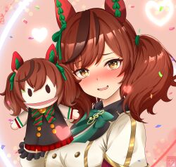  1girl absurdres animal_ears arm_at_side artist_name black_dress blush bow bowtie breasts brown_eyes brown_streaks buttons character_doll close-up commentary confetti diagonal-striped_bow diagonal-striped_bowtie diagonal-striped_clothes doll double-breasted dress ear_covers embarrassed eyelashes green_bow green_bowtie hair_bow hair_tie hand_puppet hand_up head_tilt heart highres horse_ears horse_girl looking_at_viewer medium_breasts medium_hair multicolored_hair nice_nature_(poinsettia_ribbon)_(umamusume) nice_nature_(umamusume) nose_blush parted_lips pink_background portrait puppet raised_eyebrows red_bow red_bowtie red_hair signature smile solid_oval_eyes solo streaked_hair striped_bow striped_bowtie striped_clothes swept_bangs twintails two-tone_bow two-tone_bowtie umamusume wavy_mouth white_dress yusei_tran 