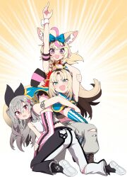  3girls absurdres ahoge animal_ears blonde_hair blue_eyes bow braid commentary_request crown_hair_ornament earclip fang fox_ears grey_hair grey_pants hair_bow hair_ornament heart heart-shaped_pupils highres hololive hololive_dev_is isaki_riona isaki_riona_(1st_costume) kneeling koganei_niko koganei_niko_(1st_costume) long_hair midriff multiple_girls narrative_formation navel omaru_polka omaru_polka_(1st_costume) pants pointing pointing_up porco_j red_eyes side_braid skin_fang symbol-shaped_pupils thigh-highs violet_eyes virtual_youtuber 